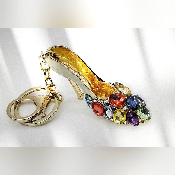 Large Multi Color Rhinestone, Glossy White Color & Gold Tone Heel Key Ch… - Picture 2 of 5